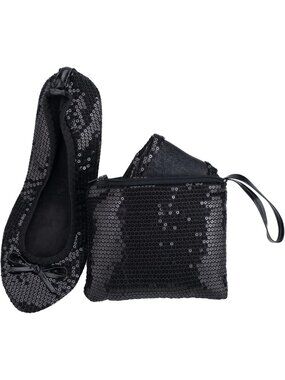 Women's Black Sequin Fit in Your Purse Round Toe Foldable Ballet Flat Shoes